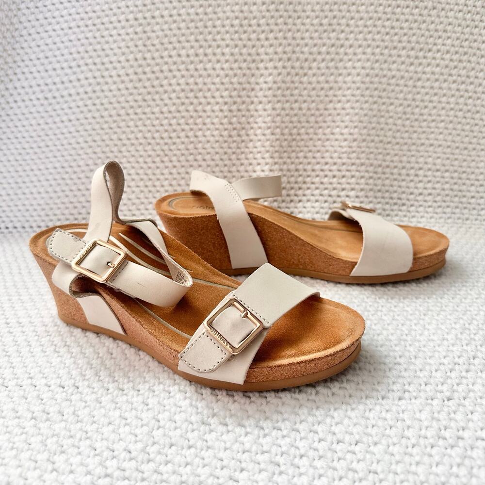 Aetrex Lexa Quarter Strap Wedge Sandals Ivory Leather Buckle Hook Loop Strap 40